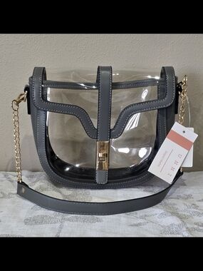 Clear Gray Trim Crossbody Bag with Gold Chain